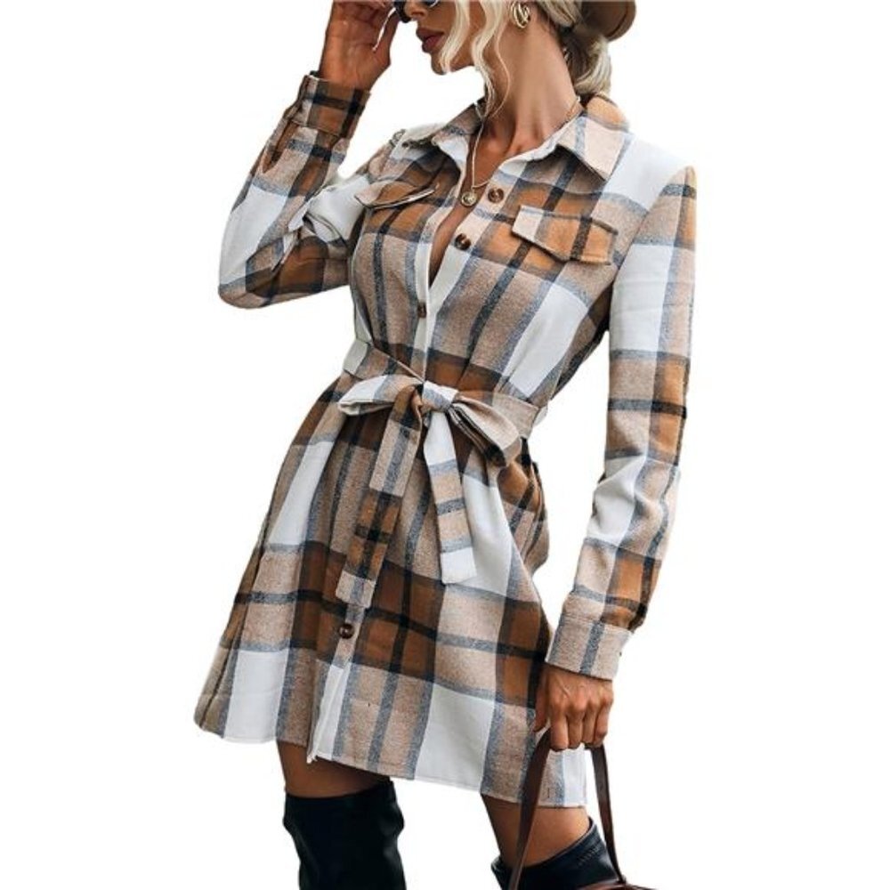 Khaki Long Plaid Shacket Jacket Button Down Midi Belted Trench Coat Dress - Picture 6 of 7